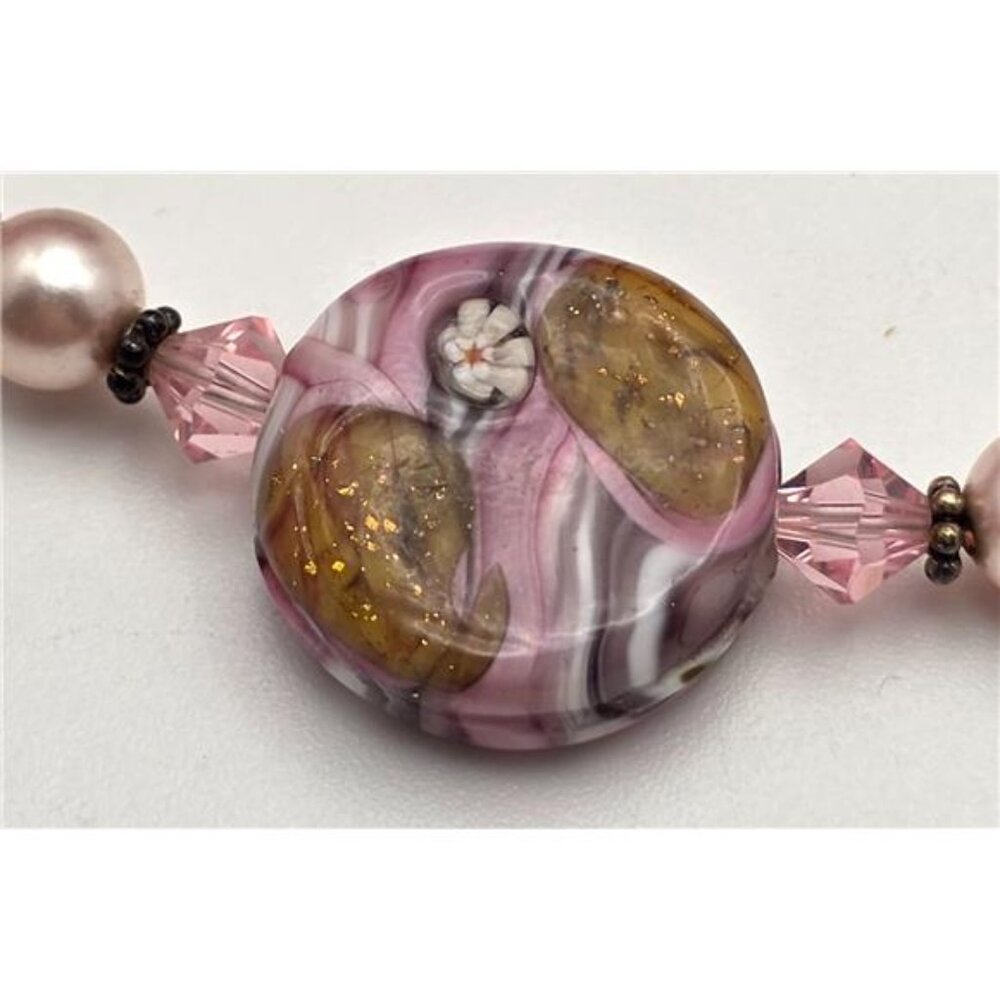 Pink Lampwork Glass Pendant Necklace Murano Style Gold Foil Sterling Clasp 18 In - Picture 3 of 8